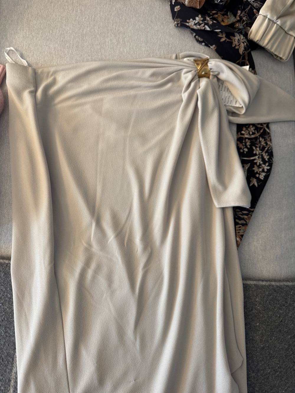 Donna Karan Cream Midi Skirt with Side Knot and Gold Accent